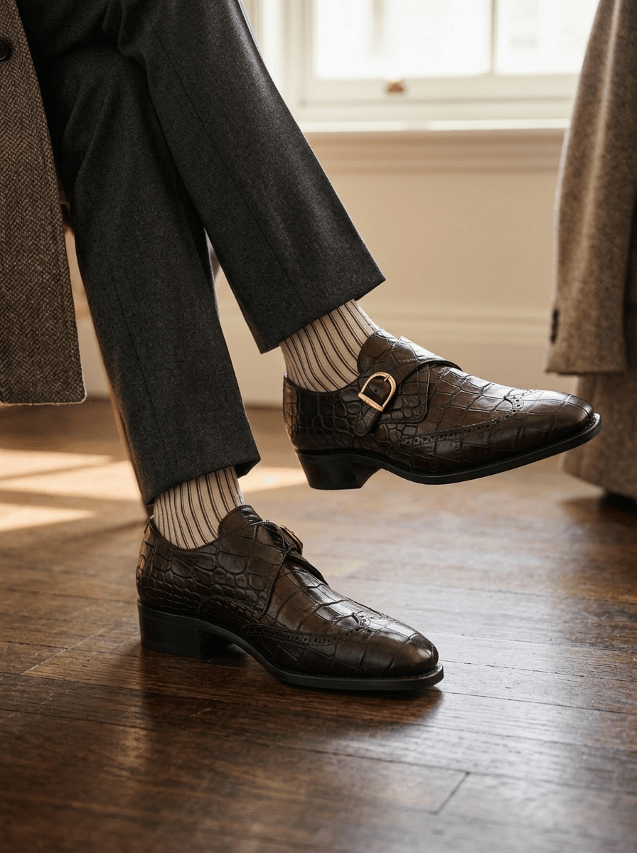 Single Monk dark brown croco