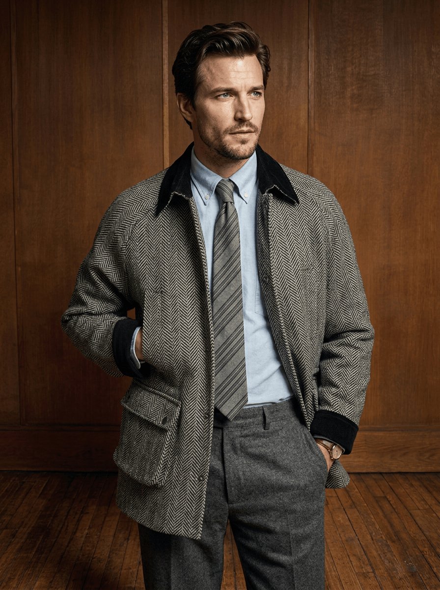 Veste à chevrons gris sur mesure portée sur un costume, Atelier Blatin