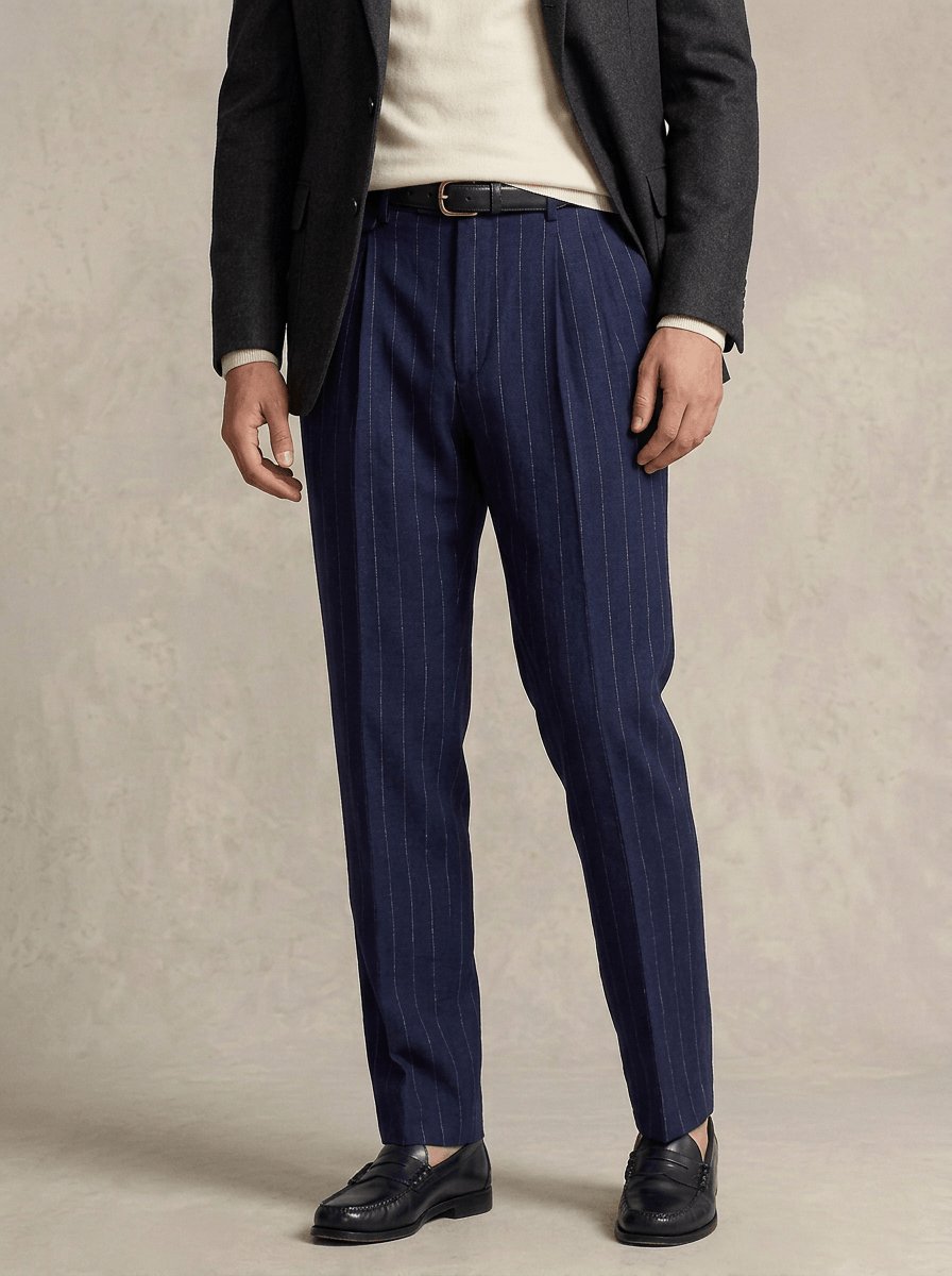 Pantalon bleu marine à fines rayures sur mesure Atelier Blatin