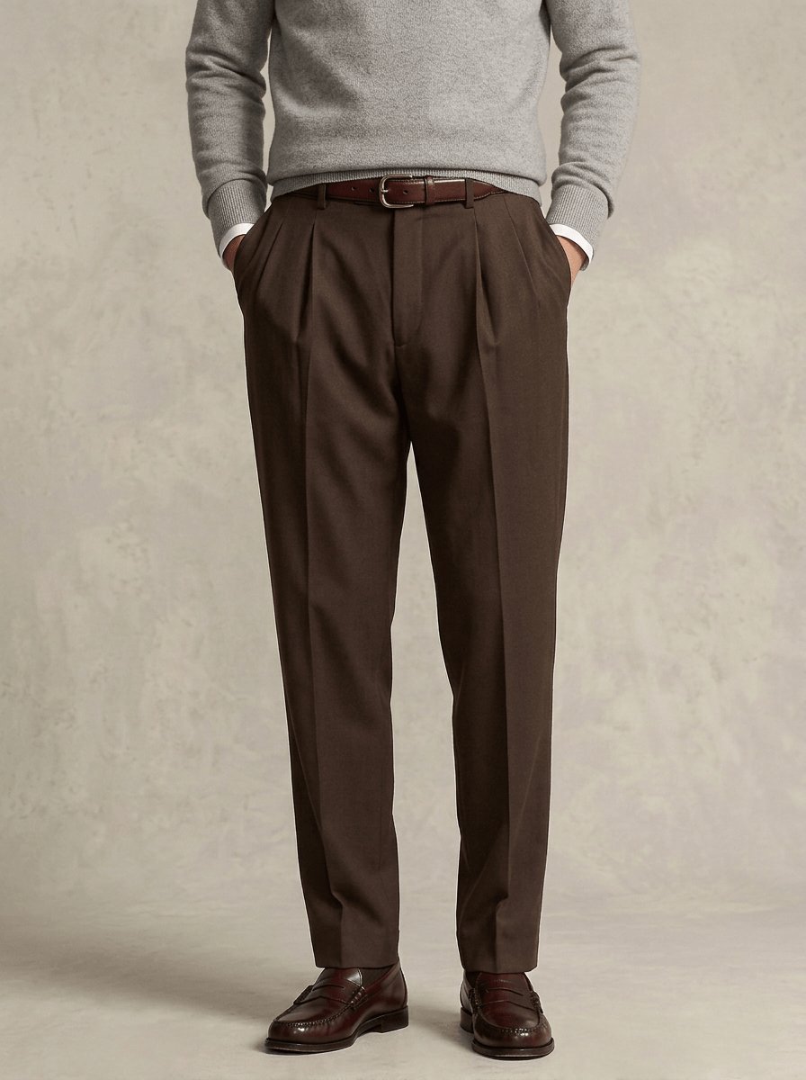 Pantalon marron à pinces en flanelle sur mesure Atelier Blatin