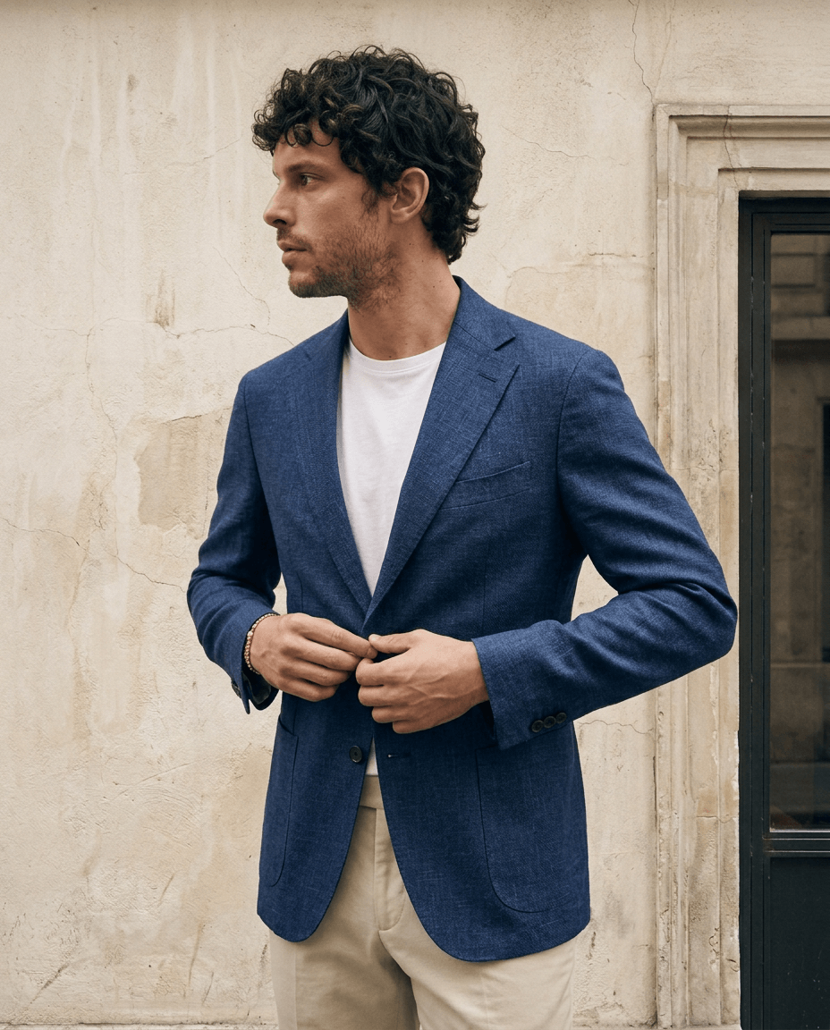 Veste bleu marine en lin sur mesure Atelier Blatin